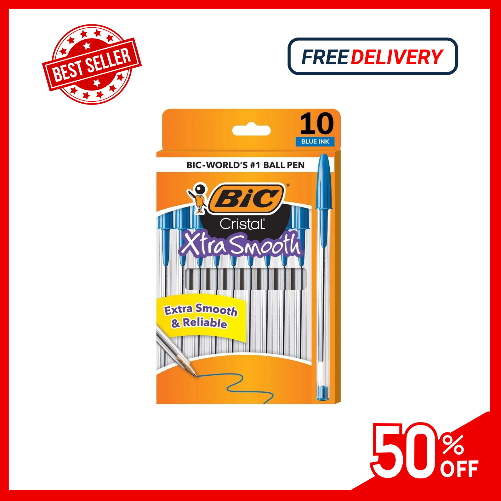 Pack of 10 Ballpoint Pen – Blue Ink Ball Point Pens for Office Writing School