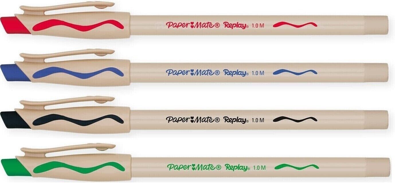 Paper Mate Replay Erasable Ballpoint Pens 12 Pens Black Blue Red Green New
