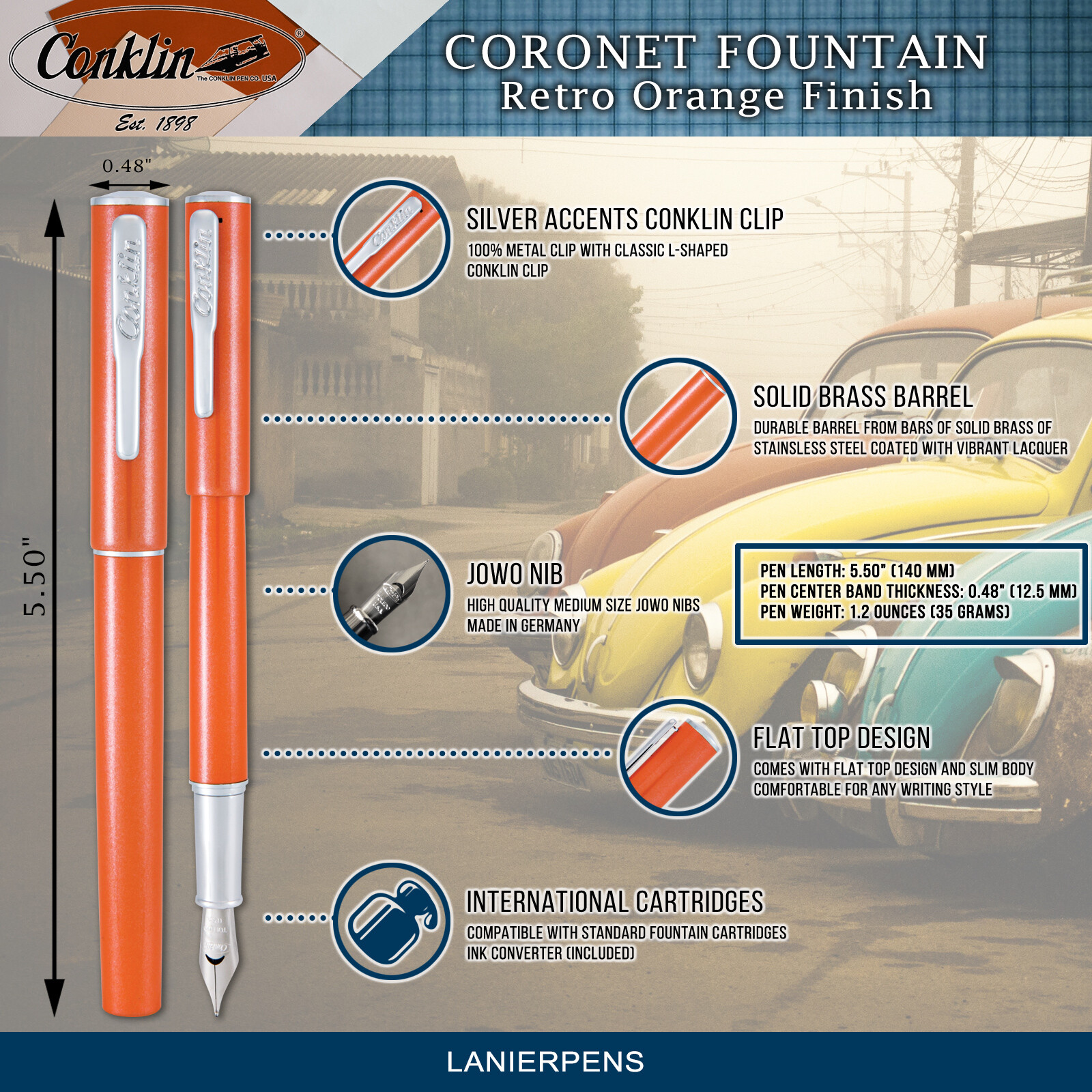 Conklin Coronet (Ballpoint & Fountain) Pen Set- Orange With Medium Tip