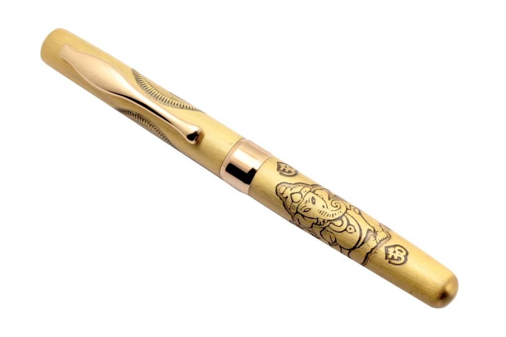 SET OF 5 Lord Ganesh & Om Engraved On Brushed Gold Body Mini Size Ballpoint Pen