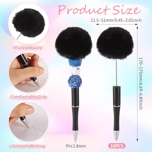 10 Pcs Fluffy Beadable Pens Plush Ball Beaded Pens,Fancy Fuzzy Pom Pom Black