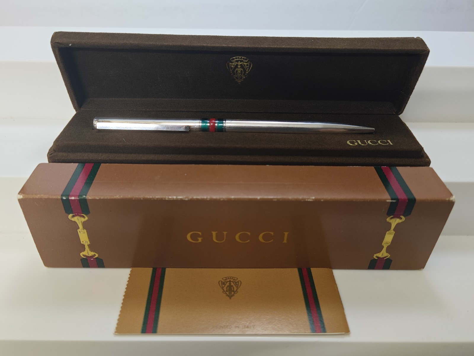 Vintage 1970’s Gucci Sterling Silver Red Green Enamel Stripes Pen W/ Box Italy