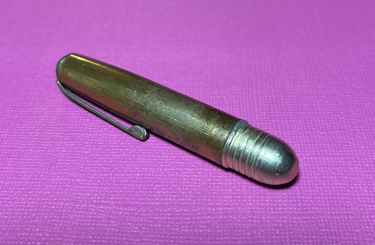 Vintage Pennant, USA, Bullet Ballpoint Pen, Blue Ink, Brass Plated Clip, 3 In.
