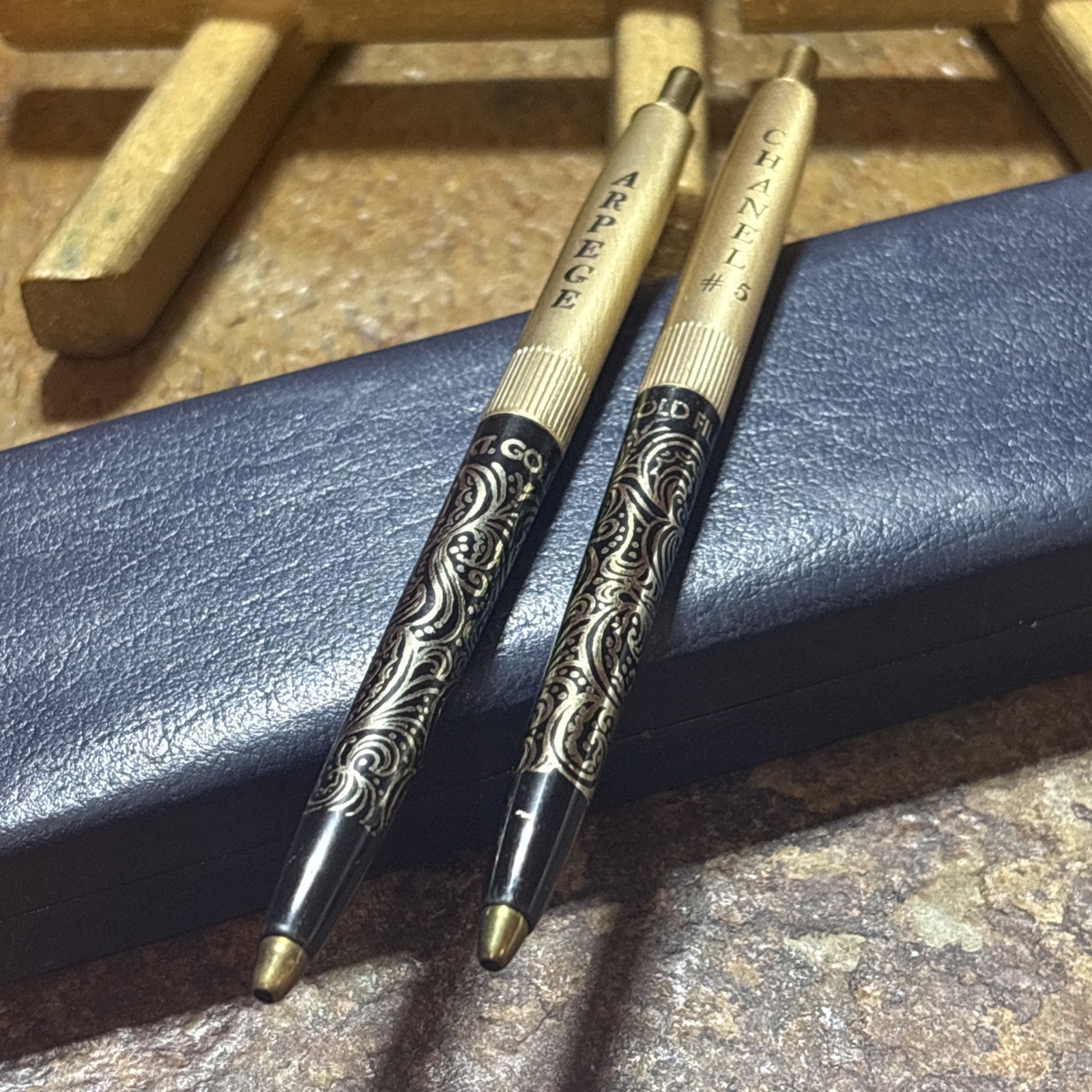 Vtg Arpege CHANEL No 5 Ballpoint Pen Set Vintage 14kt Gold Perfume Writing Pens