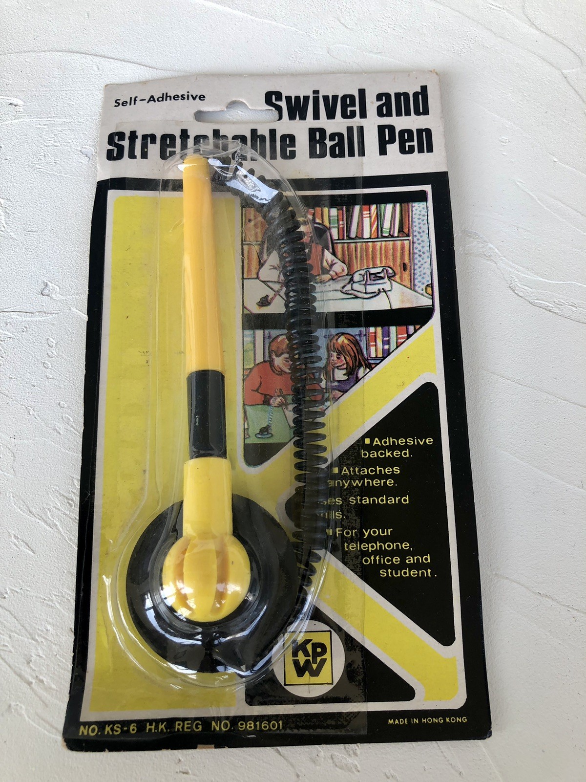 Vintage Hong Kong Stretch n Swivel Ball Pen Telephone Kitchen Black Yellow NOS