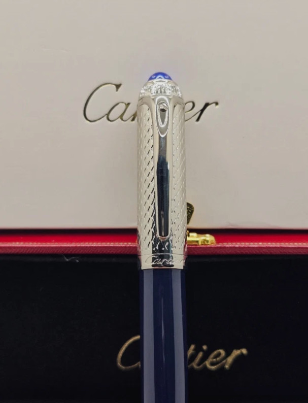 Cartier Iced Blue Guilloche Ballpoint Pen Writing Instrument with Box NIB