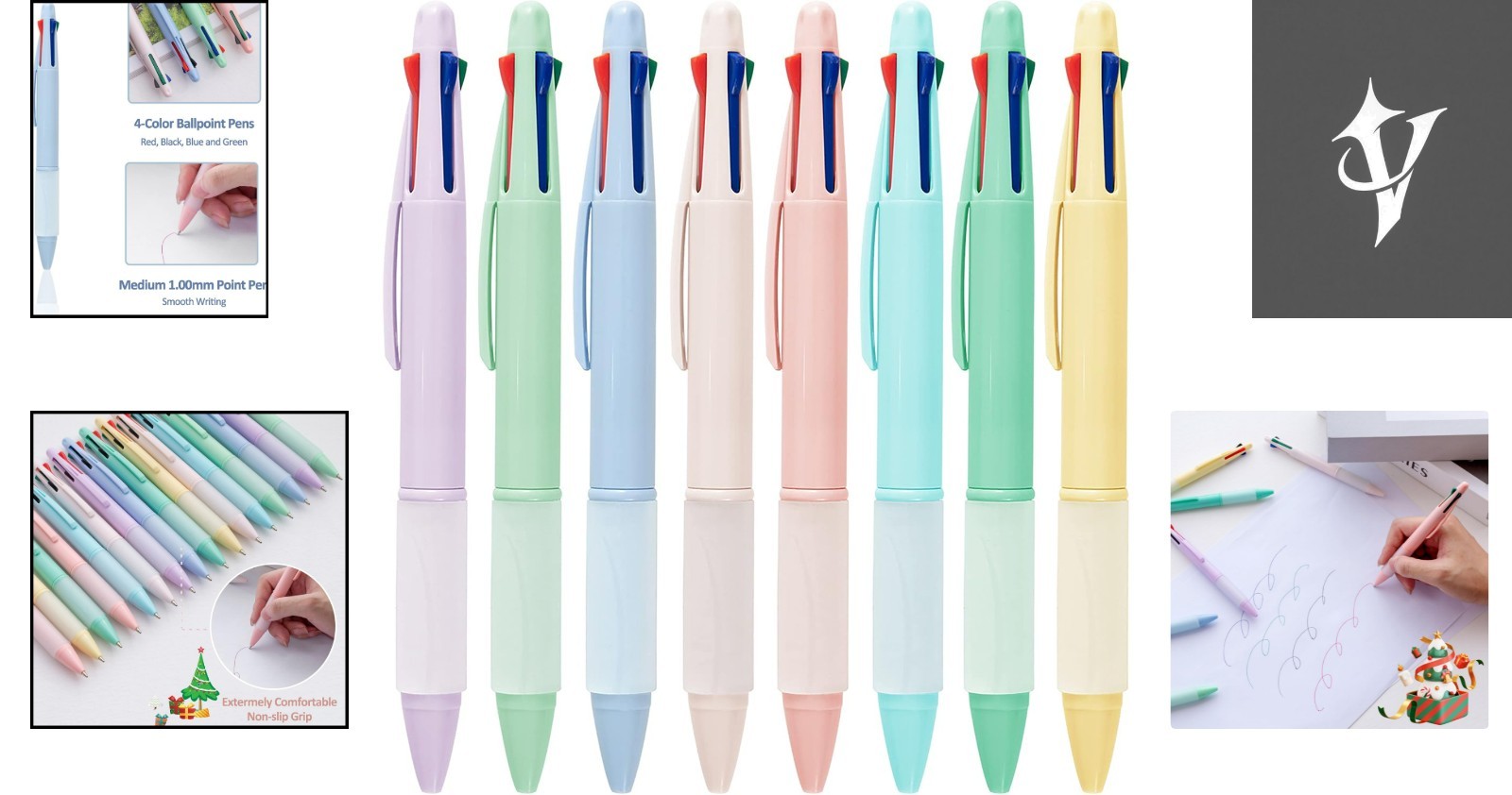 Assorted Color 4-in-1 Refillable Pens – Soft Grip, 1.0mm Medium Point, 8 Count