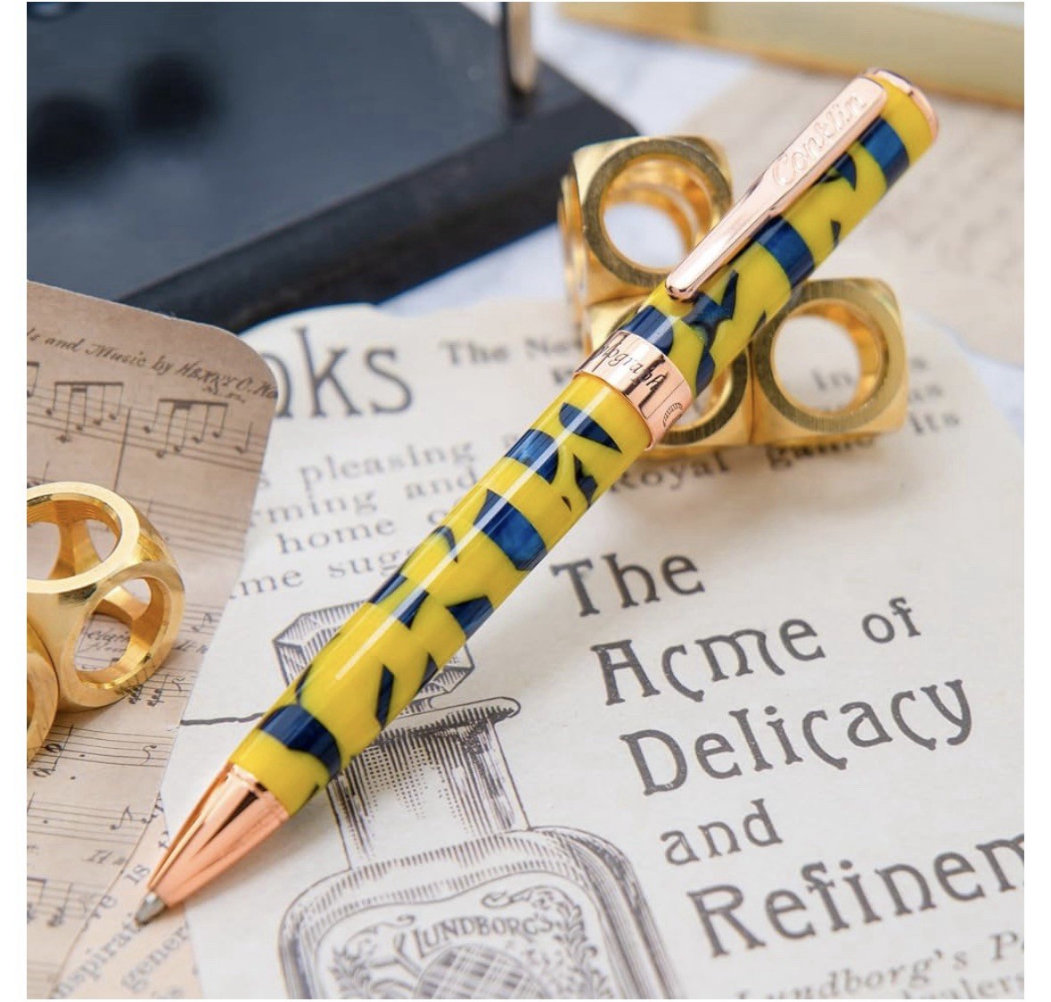 Conklin Stylograph Mosaic Ballpoint Pen in Yellow/Blue – NEW in Box