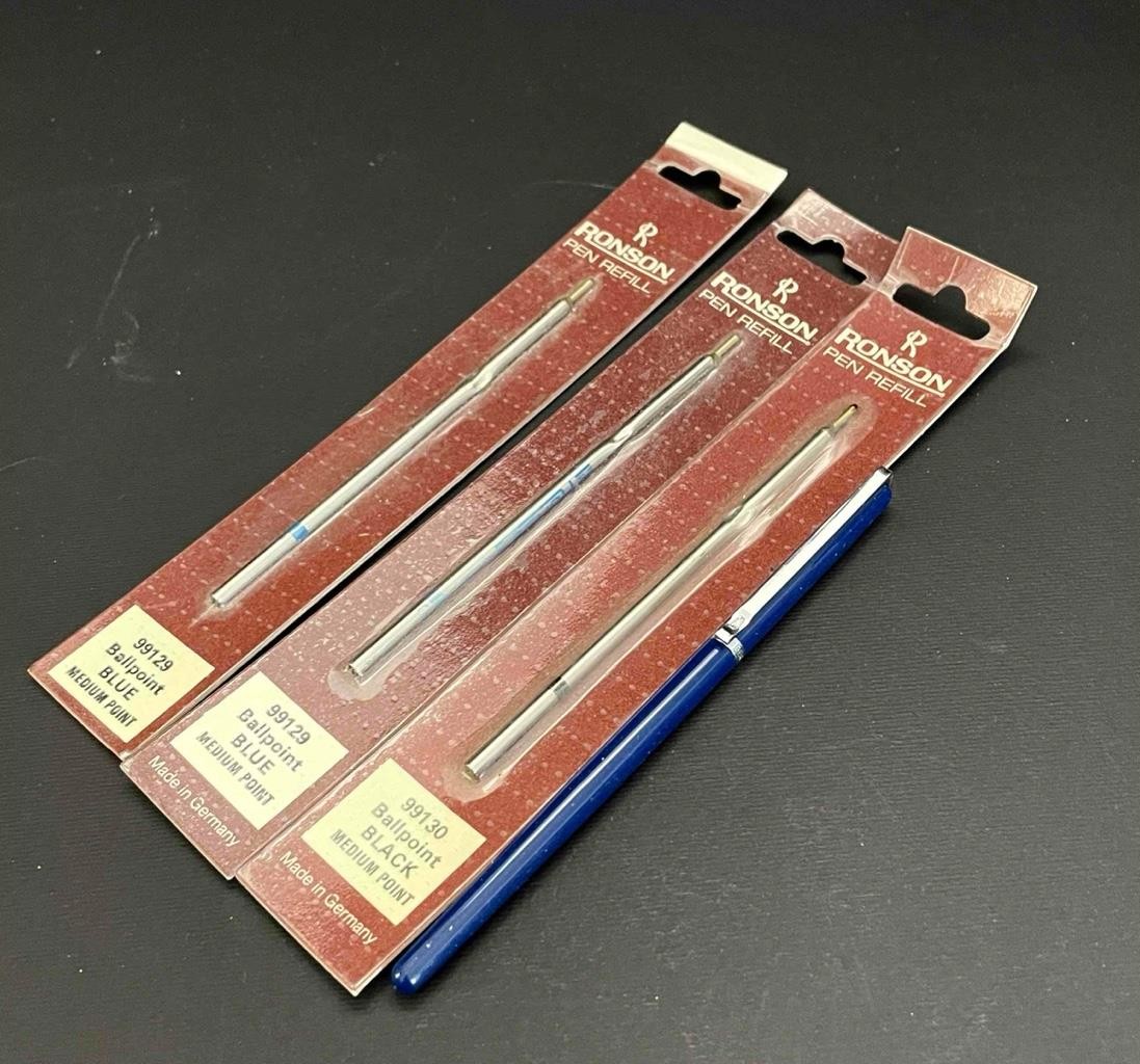 Vintage Ronson Blue Enamel Roller ball Pen Made In Germany With 3 Refills