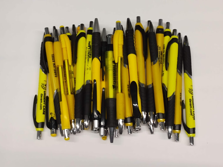 30ct Mixed Lot Misprint Retractable Click Pens: GOLD / NEON / LEMON / YELLOW