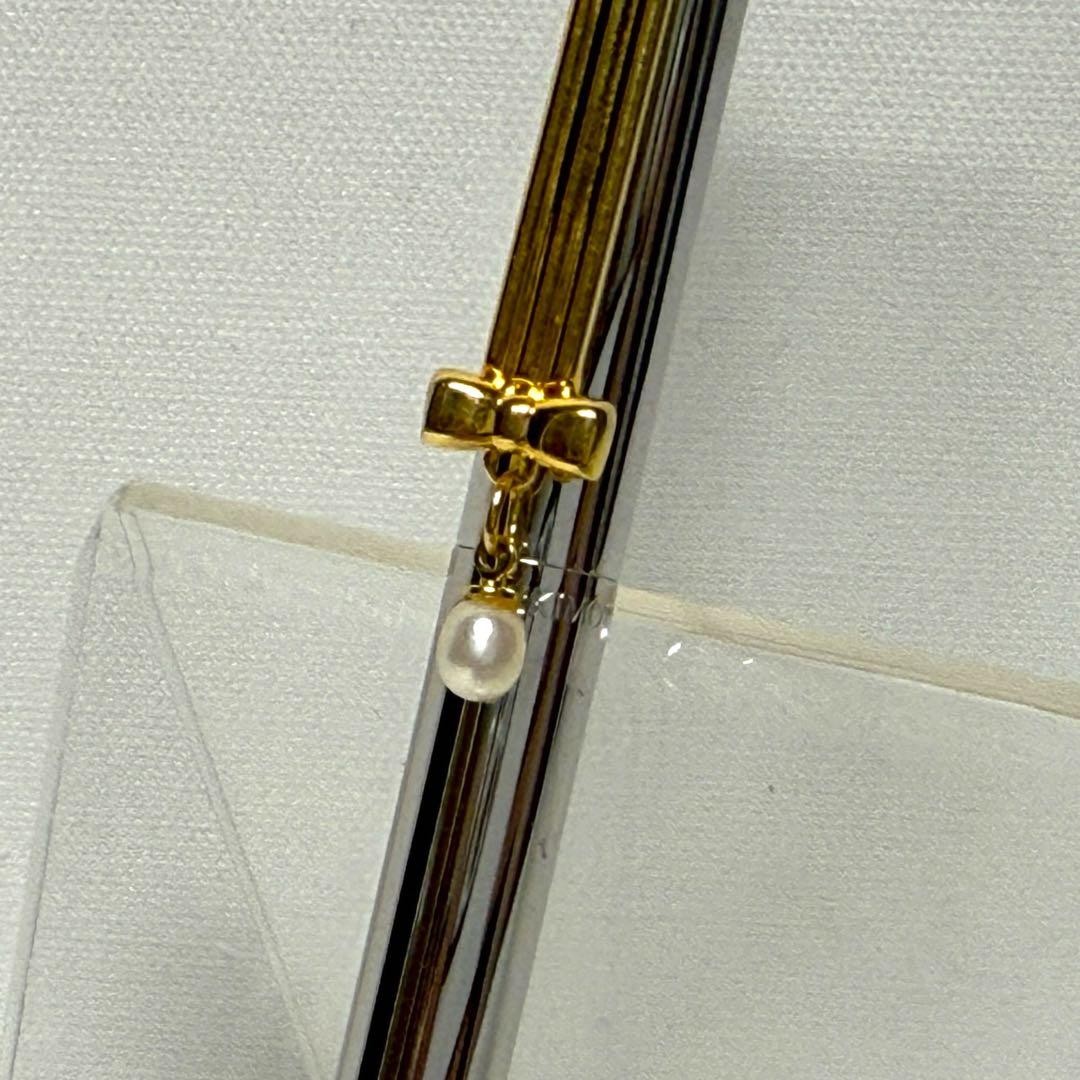 MIKIMOTO Pearl Ballpoint Pen Silver Gold Ribbon Motif Medium Nib Used