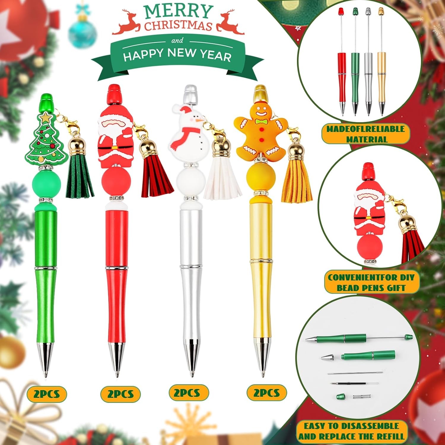 Christmas Beadable Pens, Plastic Beadable Pens with Multicolor