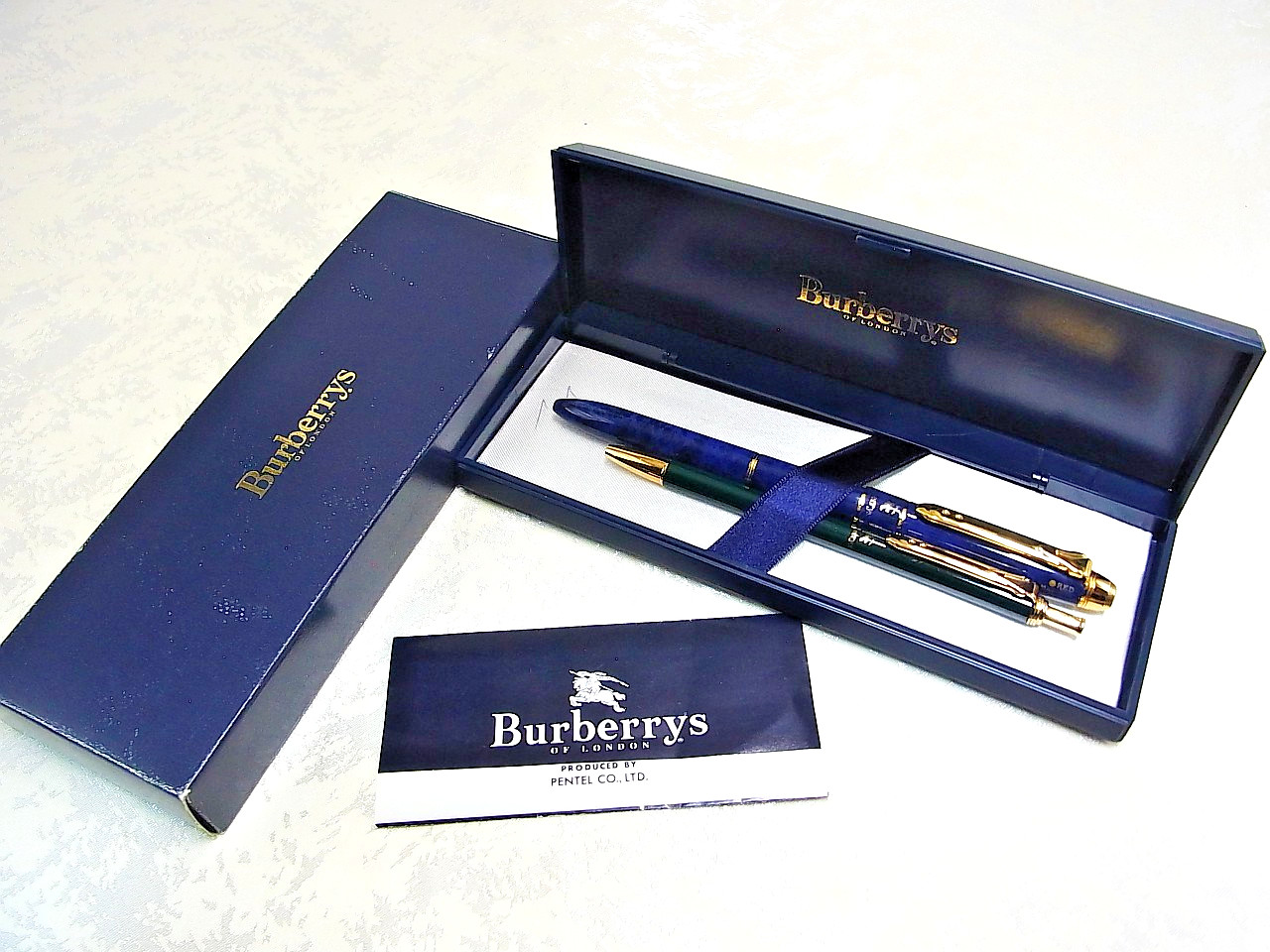 Burberry Blue Marble 3‑color & Green Ballpoint Pen Gold Trim with Box Mint