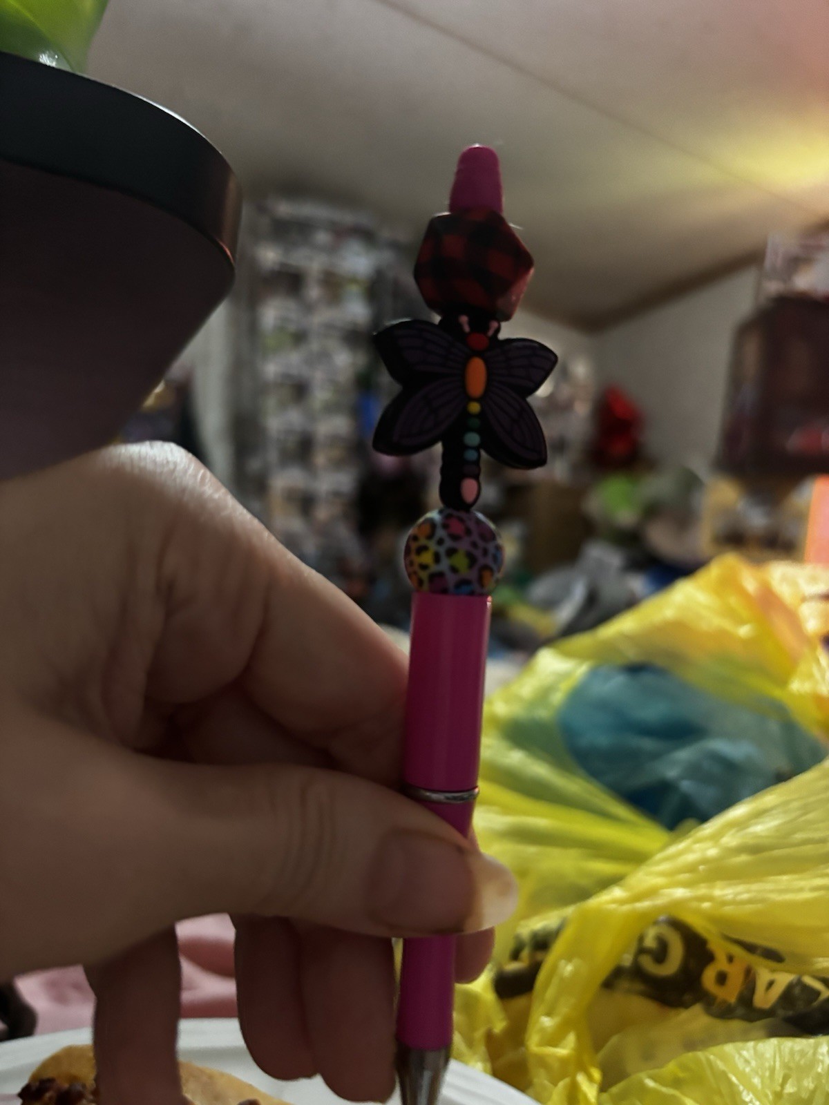 Pink Celluloid Ballpoint Pen w/ Butterfly & Ladybug Topper, Black Ink