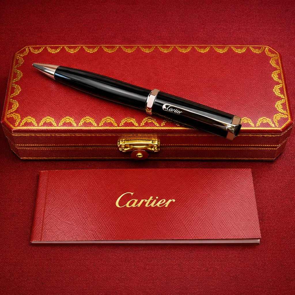 Cartier Black Silver Ballpoint Pen Metal Luxury Writing Instrument New Box