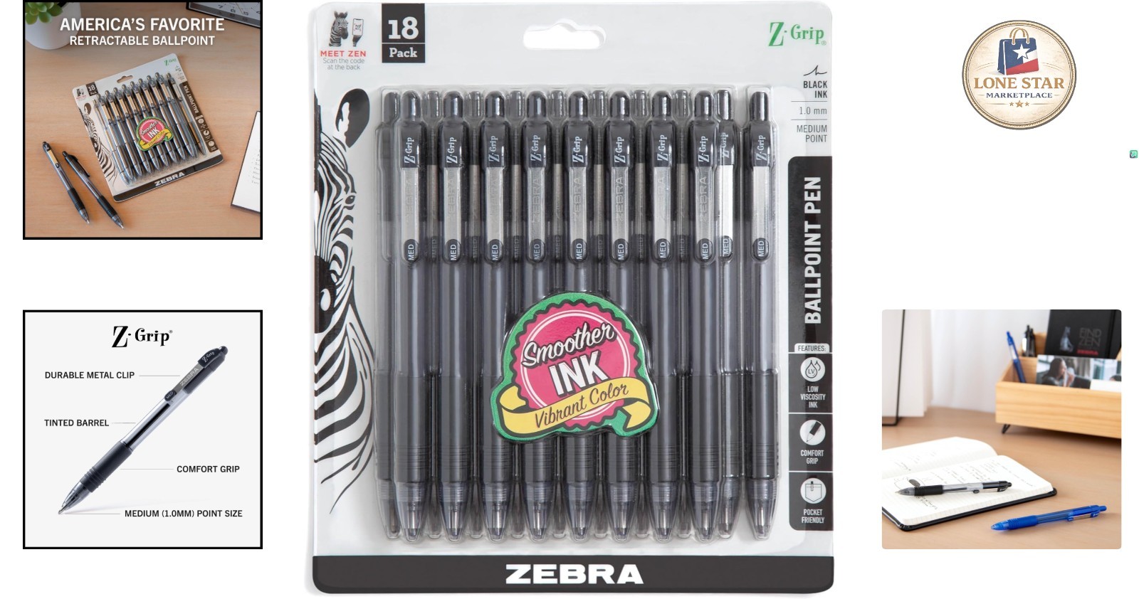Ergonomic Z-Grip Ballpoint Pens – Retractable, Black Ink, 1.0mm, 18 Count