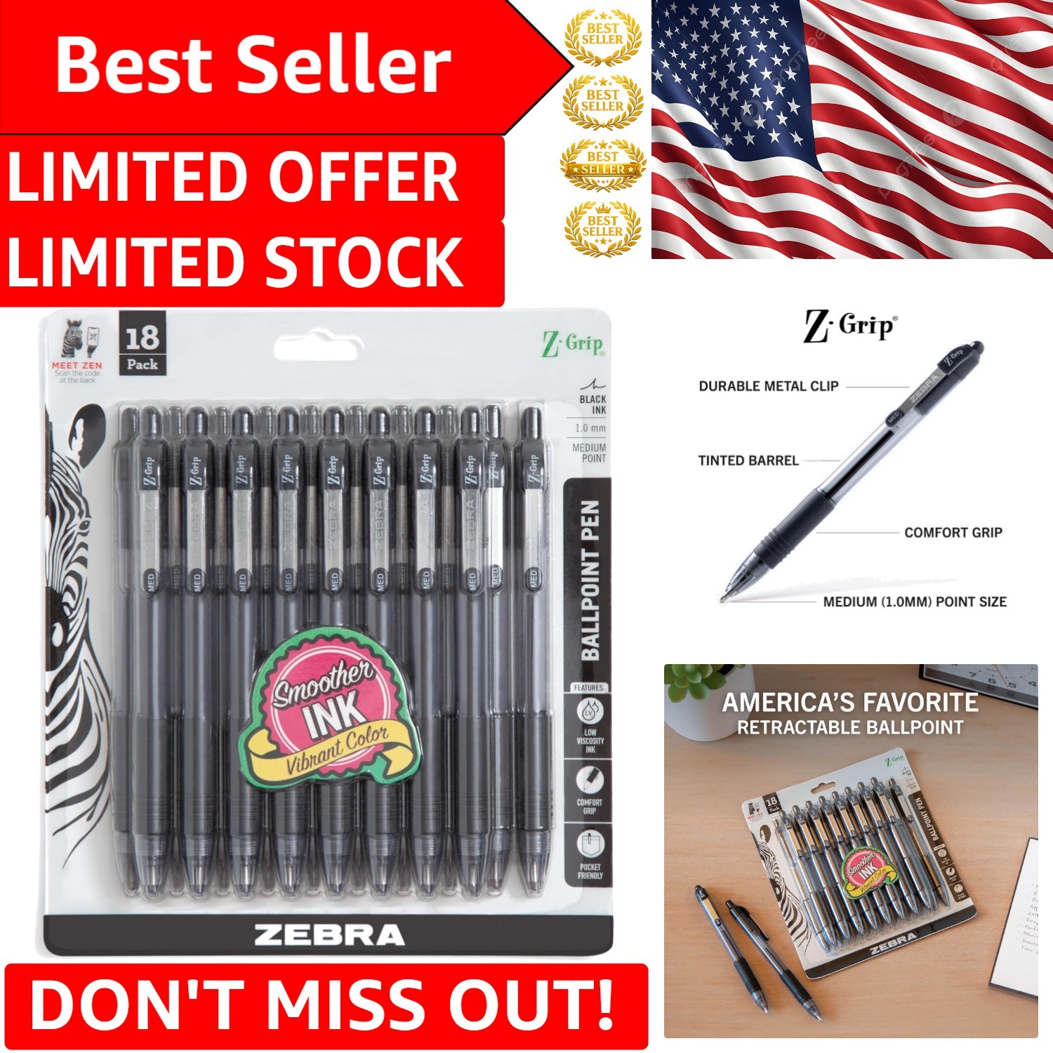 Ergonomic Z-Grip Black Ink Pens, 18-Piece Set, Perfect for School & Office