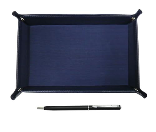 Japanese-made textured cowhide leather pen tray (blue) with slim rotating