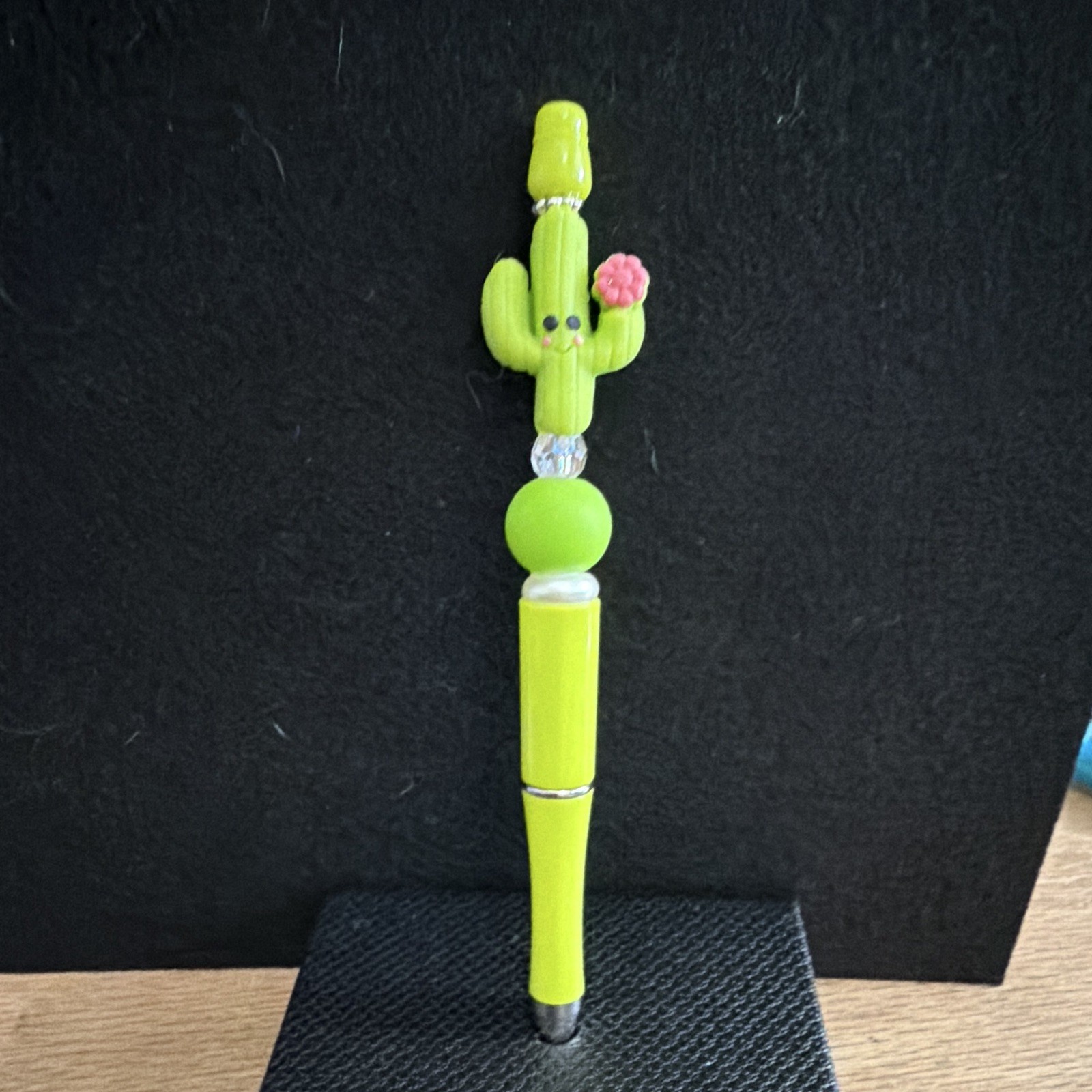 Green Plastic Novelty Ballpoint Pen w/ Cactus Charm Topper & Beads