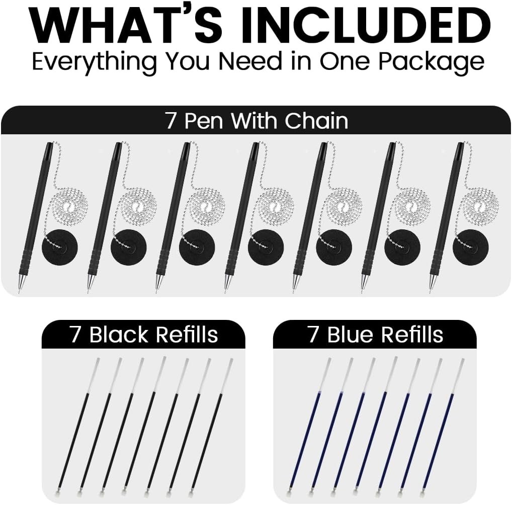 Pen with Chain [Pack of 21] – Security Desk Pen on a Chain Blue & Black