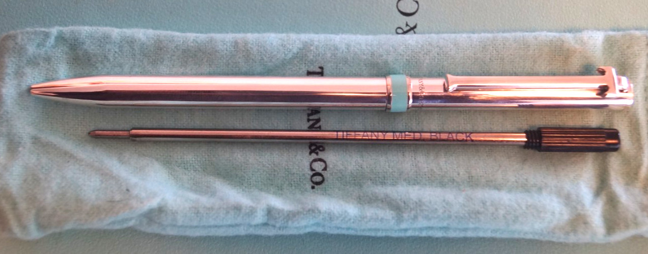 Tiffany & Co Sterling Silver Blue Enamel Stripe T Clip Black Ink Pen w/ pouch