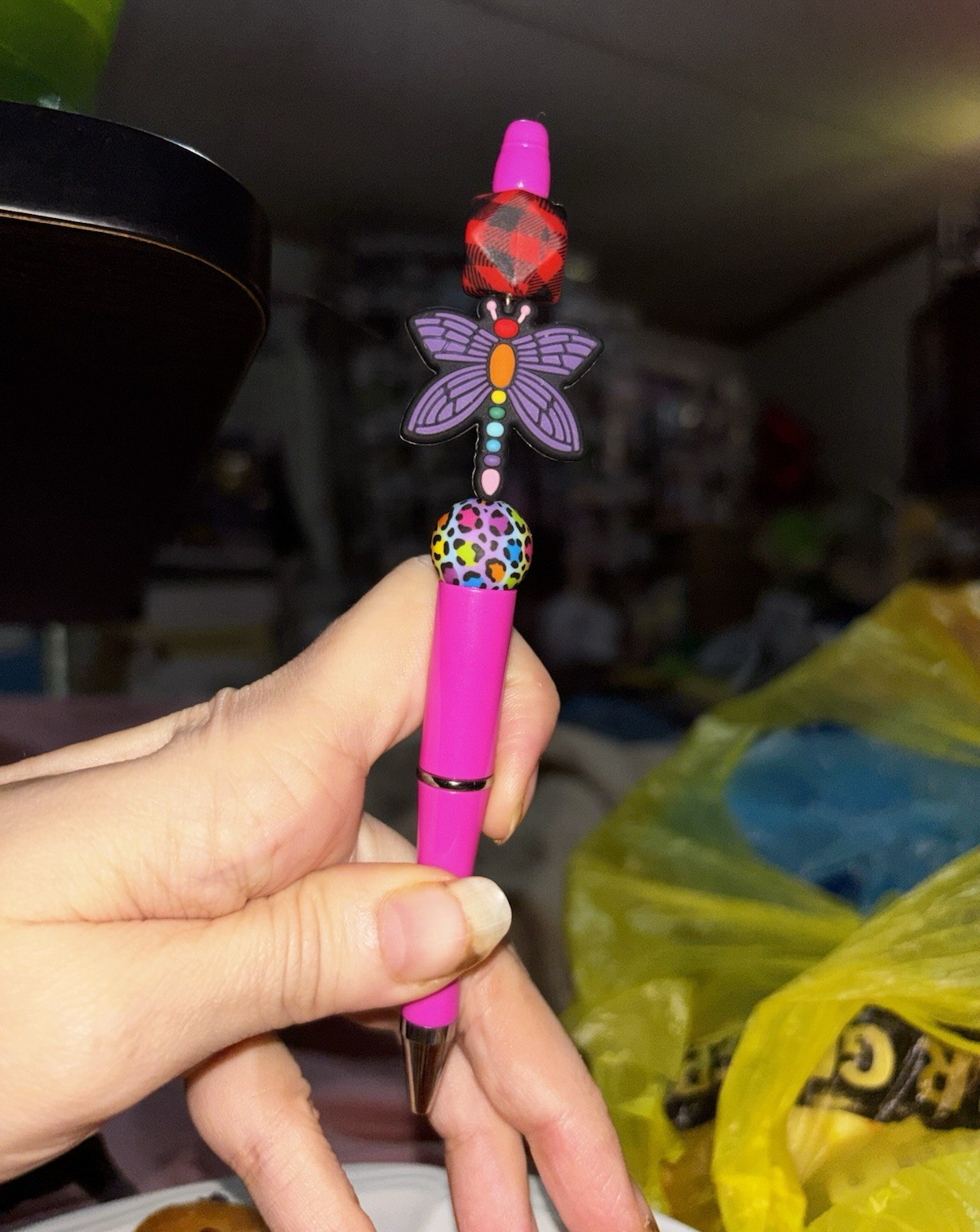 Pink Celluloid Ballpoint Pen w/ Butterfly & Ladybug Topper, Black Ink