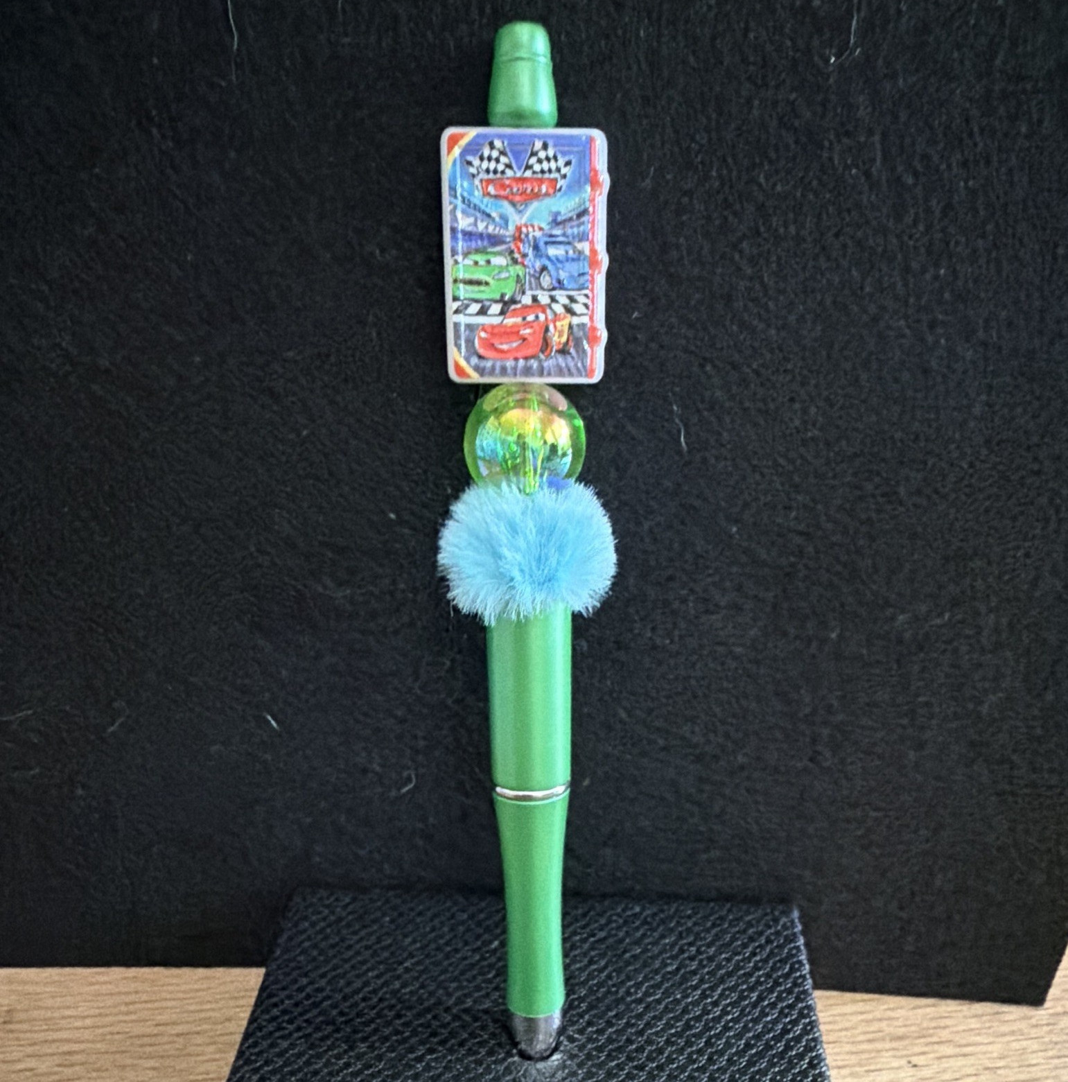 Green Novelty Ballpoint Pen w/ Charm & Pom-Pom, Plastic, Blue Ink