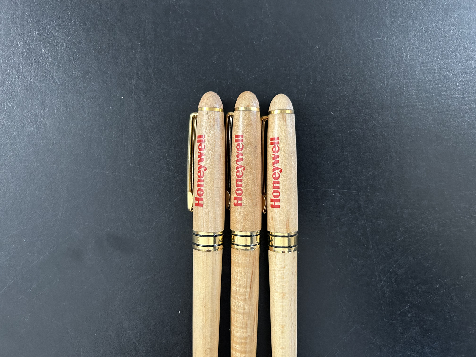Lot of 3 Wooden Case Pen Ball TC Roller Pens Honeywell Branded Working Smooth
