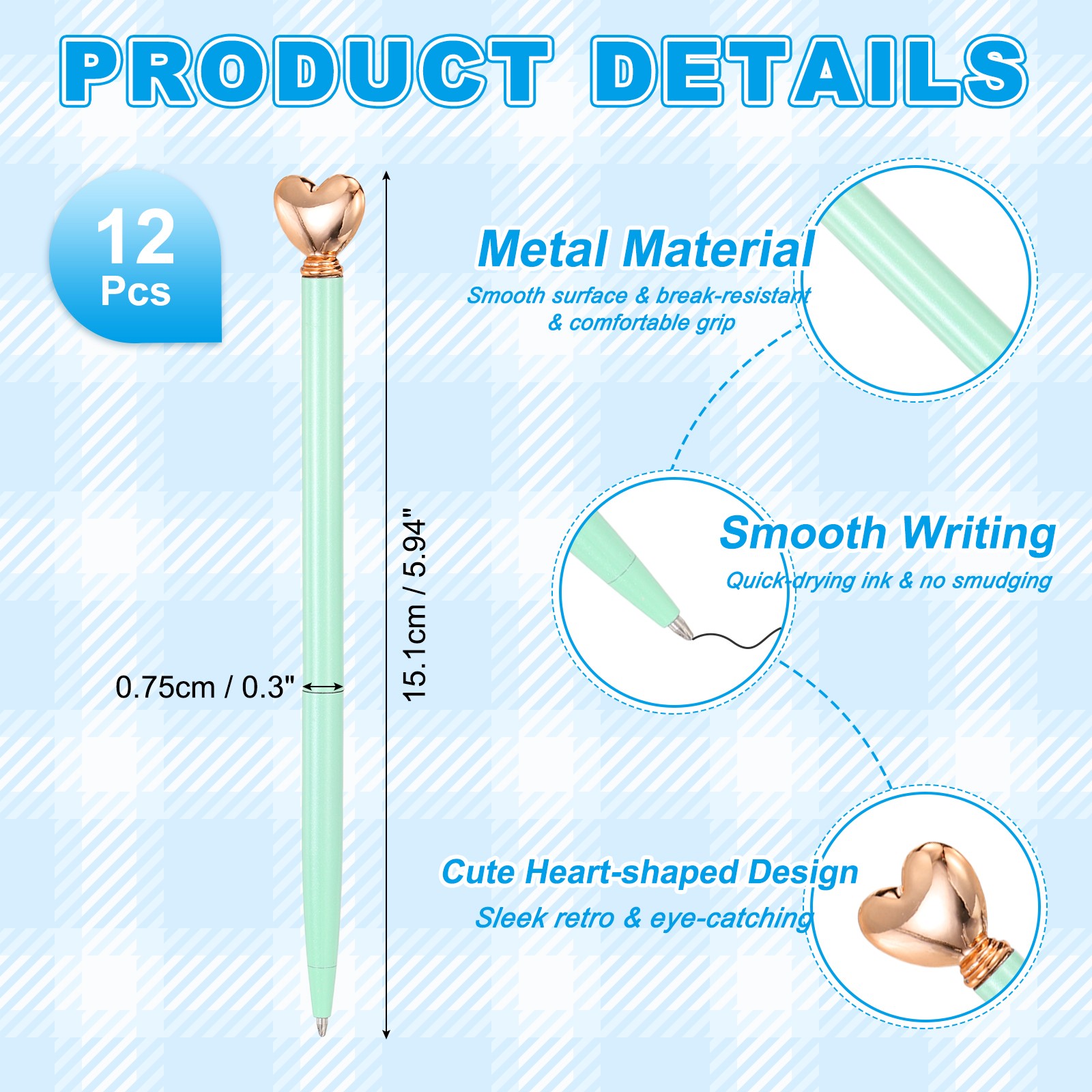 Heart Pens 1.0mm Black Ink 12Pcs Metal Cute Pens Ballpoint Candy Green/Rose Gold
