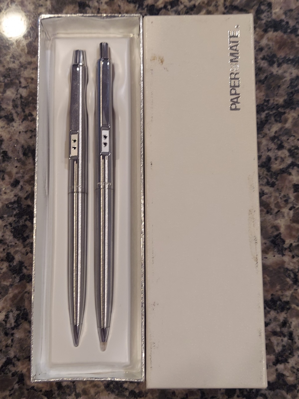 Vintage Paper Mate Double Heart Chrome Pen & Pencil Set- USA, EUC Dried Out