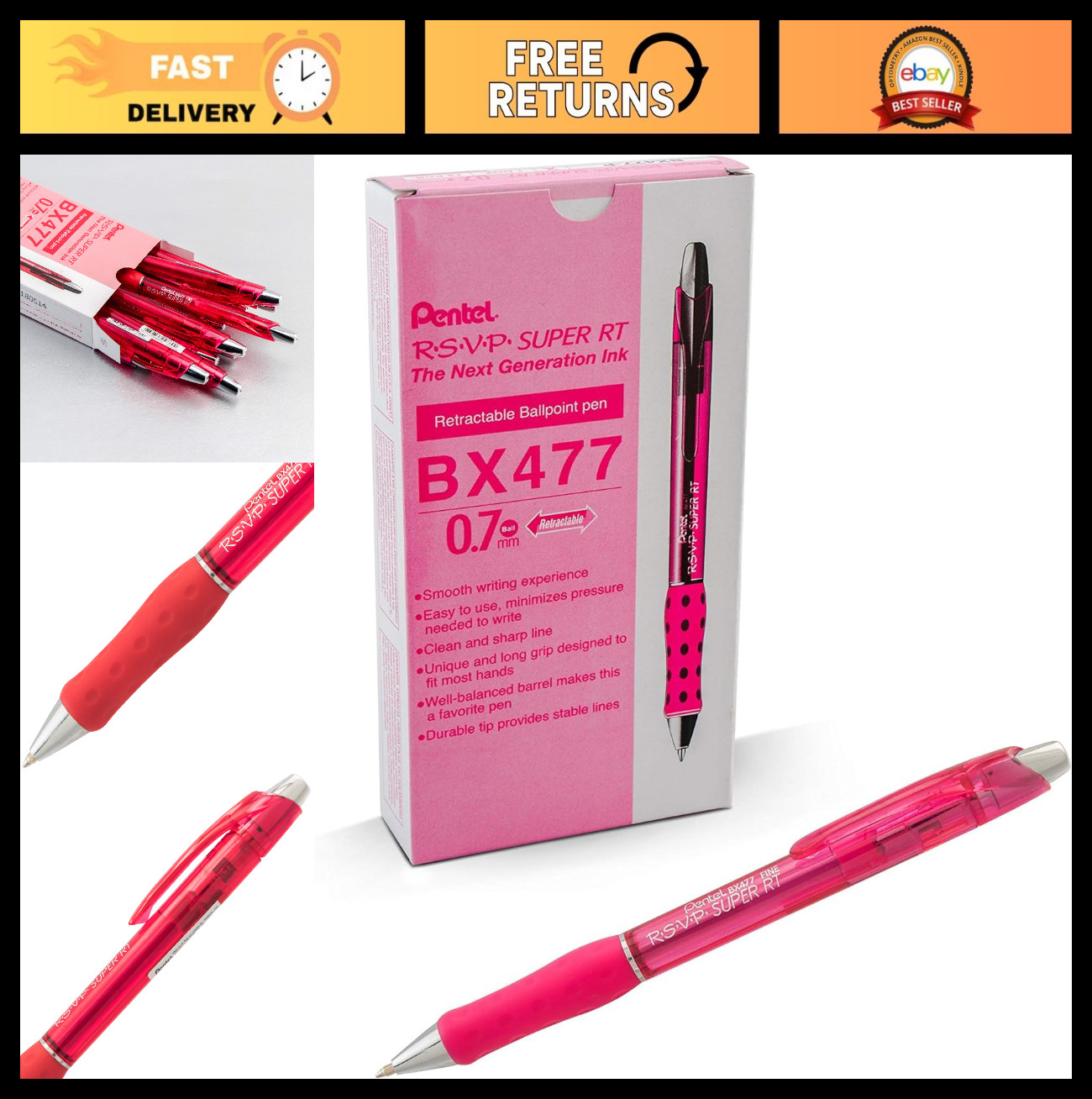 Fine Line Ballpoint Pen 0.7mm – Red Ink, Smooth Writing, Ergonomic Grip, 12 Pack