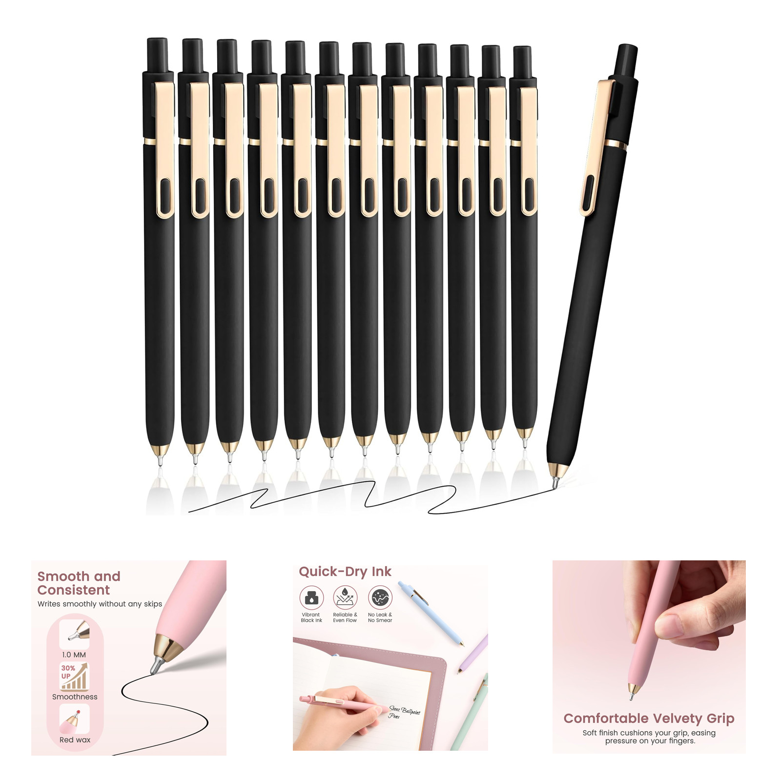 Ballpoint Pen 1.0 mm Medium Point Black Ink Soft Grip Retro Stylish Refillable