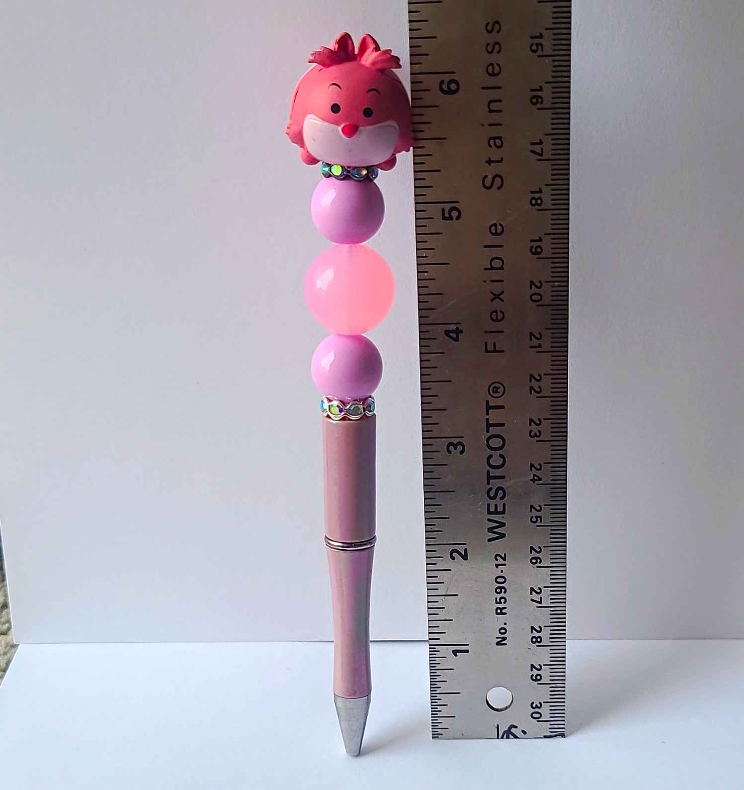Pink Plastic Ballpoint Pen, Beaded Grip, Character Topper, Black Ink