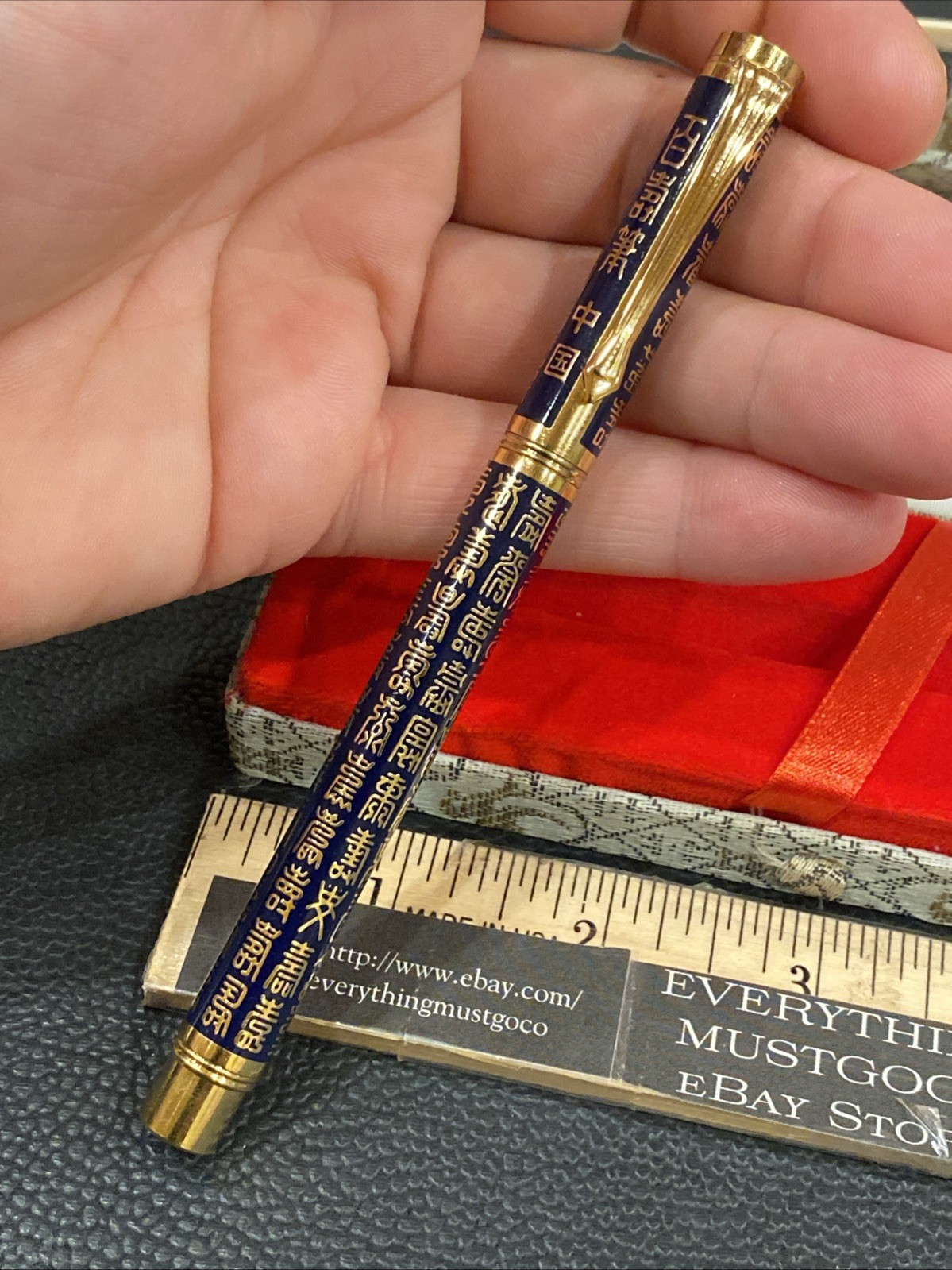 Vtg Chinese China Taraku Ballpoint Chinese Poem Lettering Gold Tone Pocket Clip