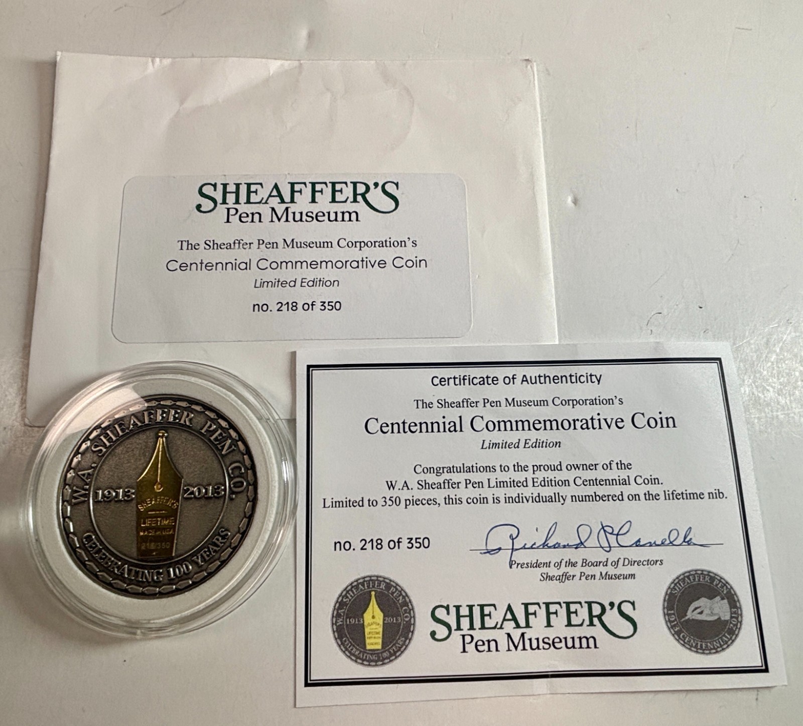 Sheaffer Pen Museum Centennial Commemorative Coin #218/350 Limited Edition COA