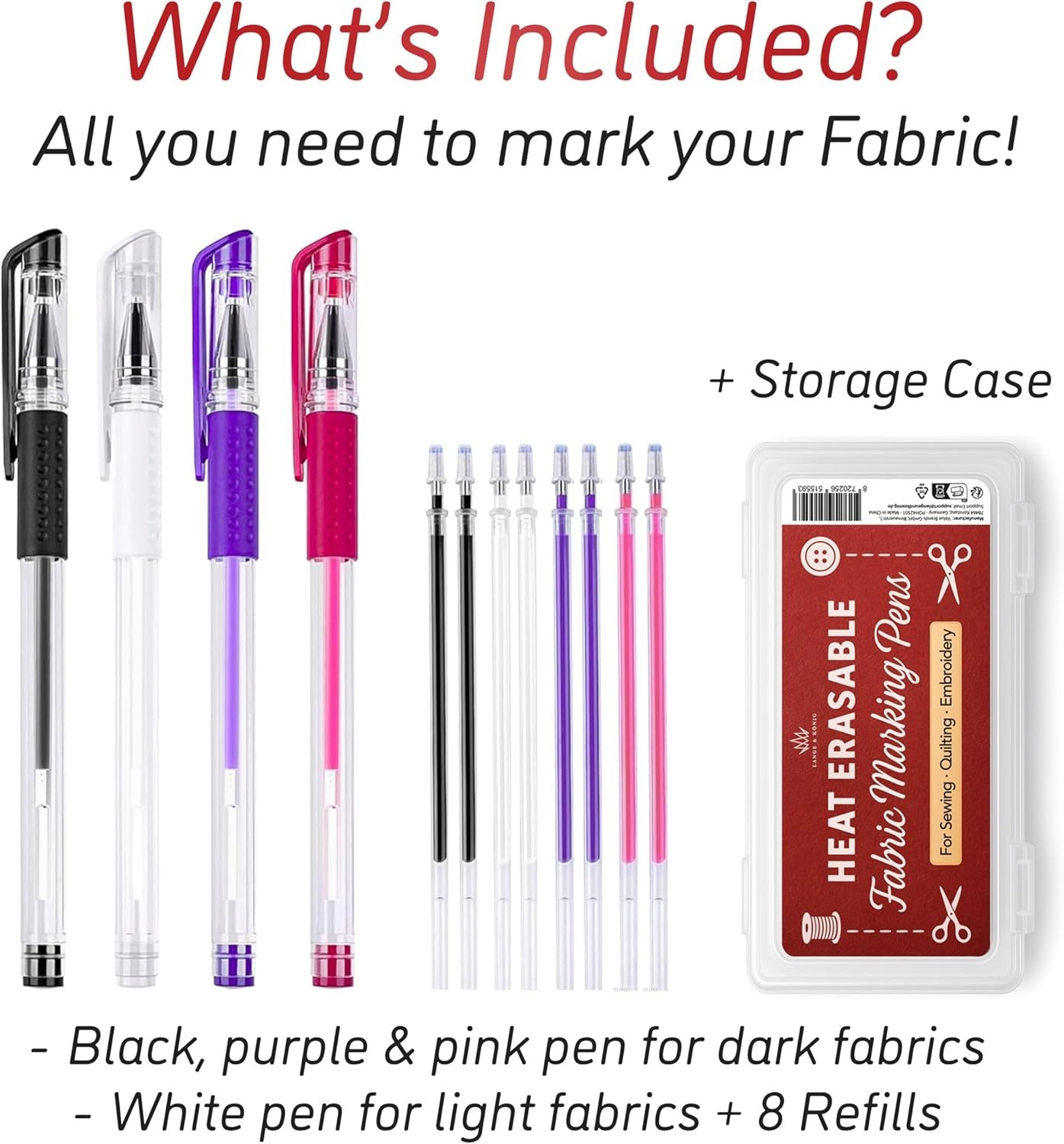 Heat Erasable Fabric Marking Pens – 4 Colors + 8 Refills for Sewing Excellence