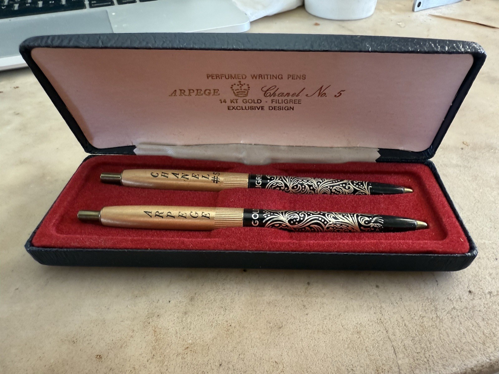 Vintage Chanel No.5 Arpege 14K Gold Filigree Perfumed Ballpoint Pen Set in Box