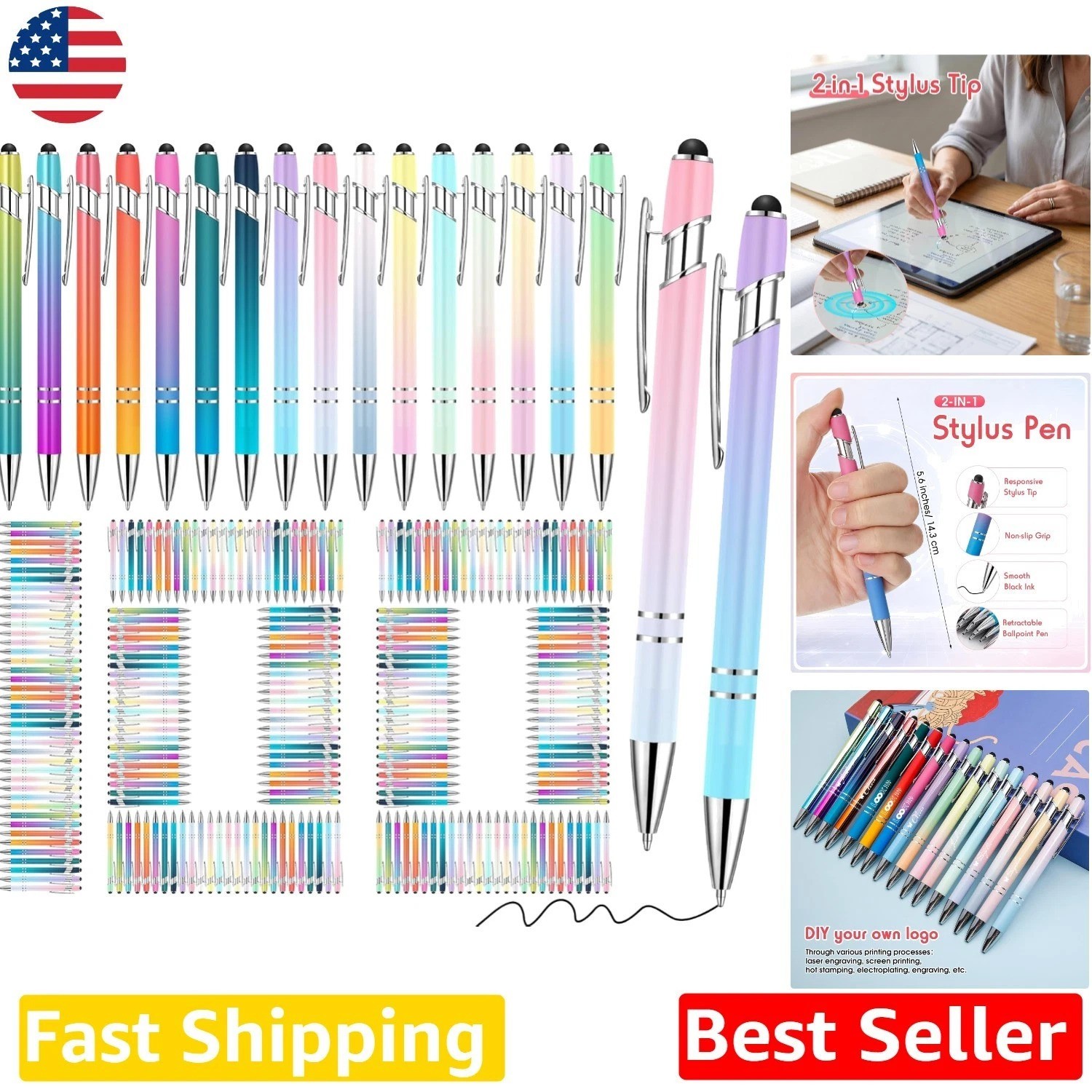 Bulk 100 Metal Stylus Pens Click Action Black Ink 1.0mm