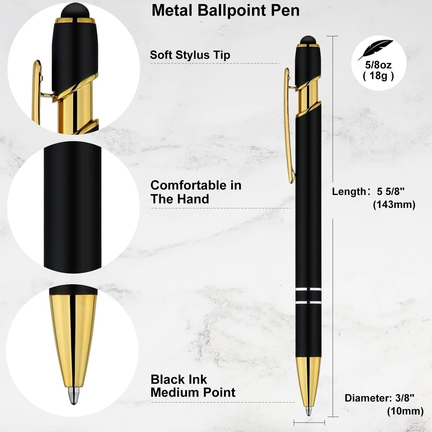Black Gold Stylus Ballpoint Pens 1.0mm Black Ink Retractable Metal Touch Pen