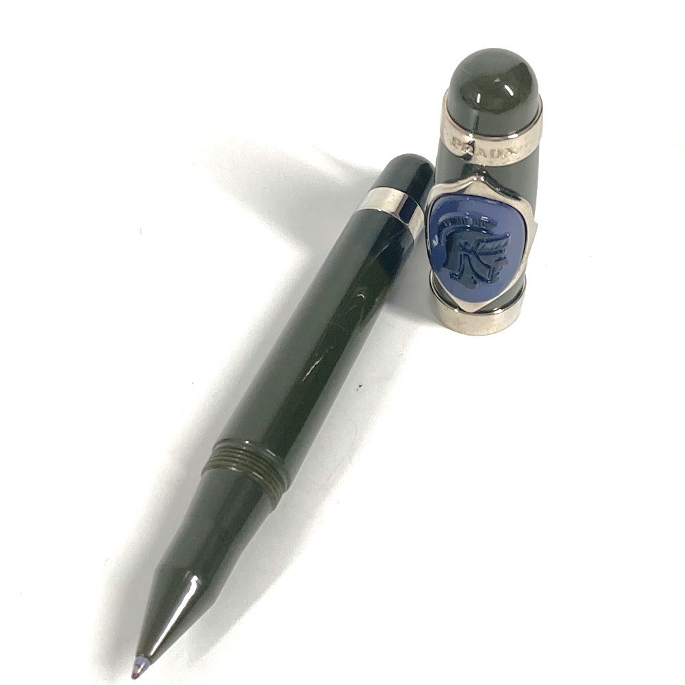 PRADA Logo Ballpoint Pen Stationery Khaki Black Ink Metal Unisex Authentic