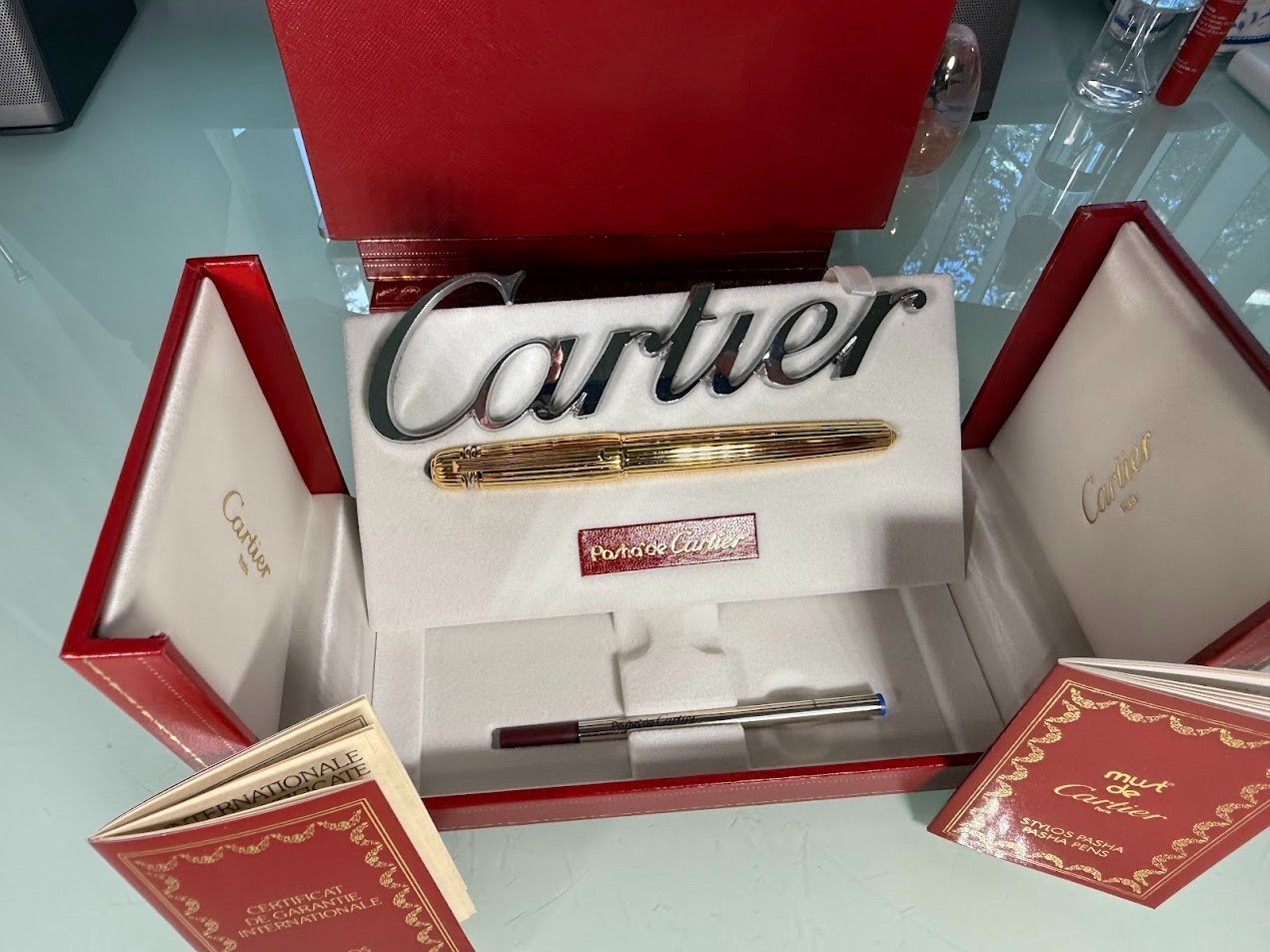 *** Cartier Pasha de Cartier / ball point Gold Pen With Both Box & Refill ***
