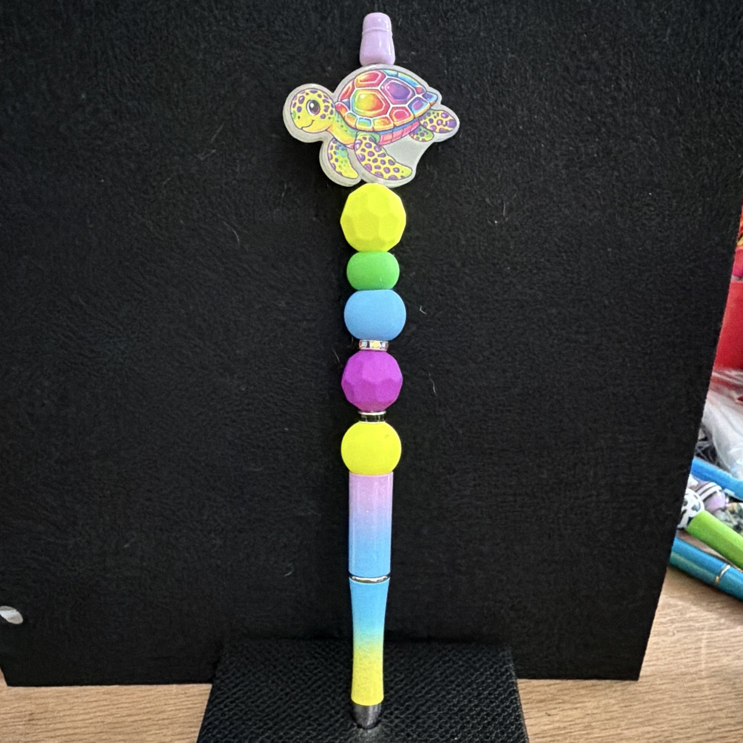 Rainbow Turtle lisa frank Ballpoint Pen w/ Multicolor Beads, Plastic, Black Ink