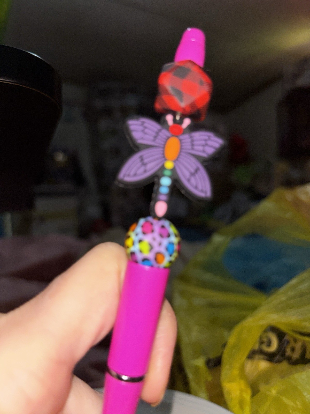 Pink Celluloid Ballpoint Pen w/ Butterfly & Ladybug Topper, Black Ink