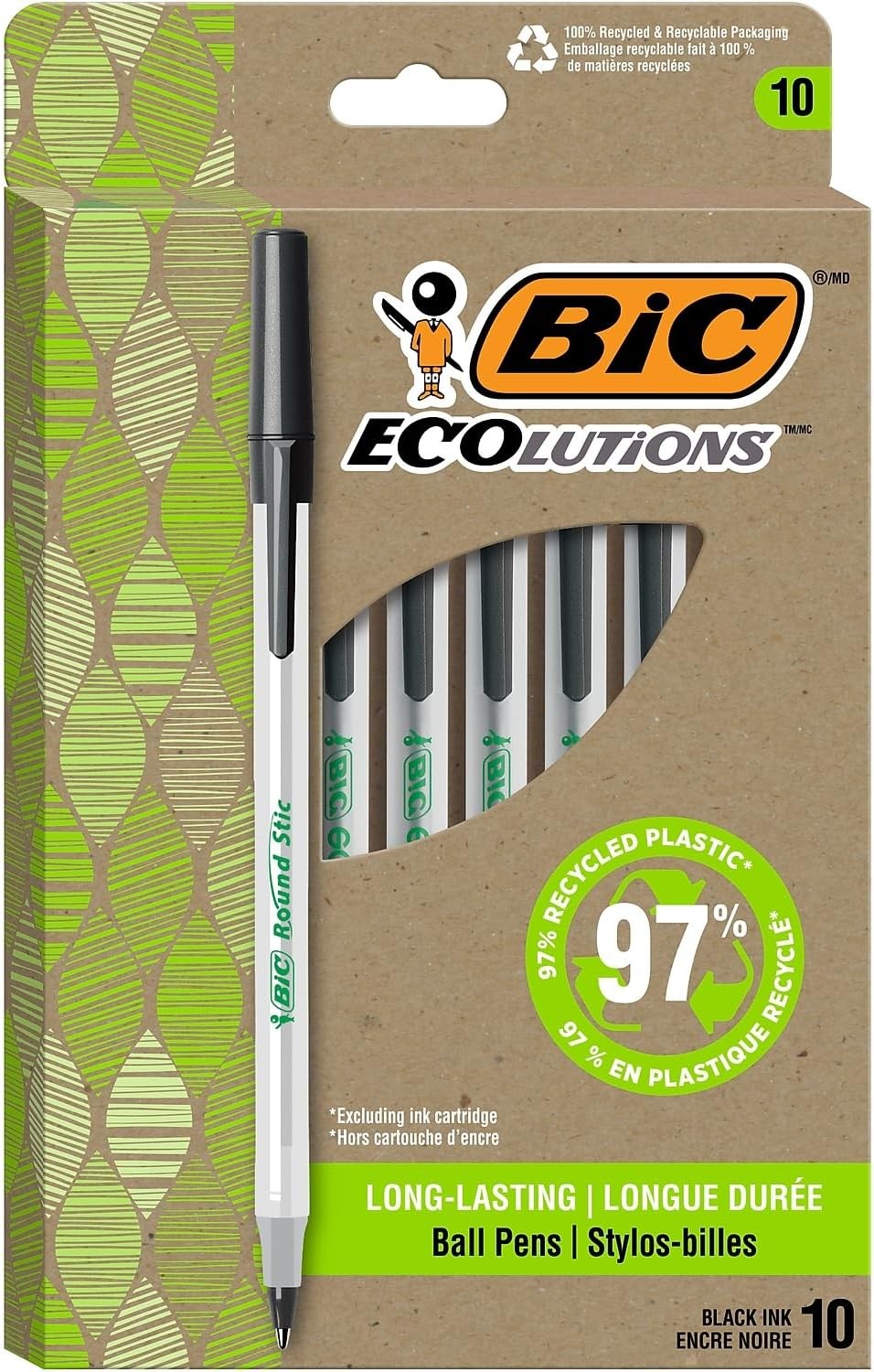 ReVolution Round Stic Ballpoint Pen, Black, 1 Count (Pack of 10)