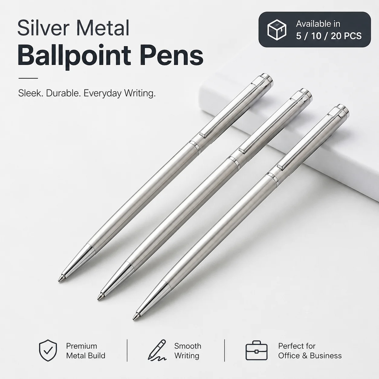 5 Pack Silver Stainless Steel Ballpoint Pen 1mm Medium Point Smooth Twist Ink