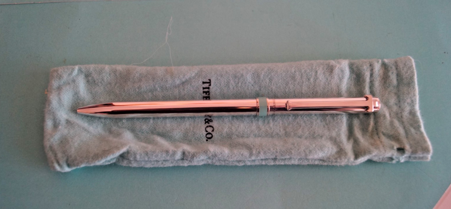 Tiffany & Co Sterling Silver Blue Enamel Stripe T Clip Black Ink Pen w/ pouch
