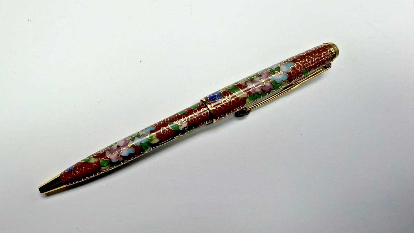 Vintage Chinese Cloisonne Enameled Ball Point Pen in Brocade Box