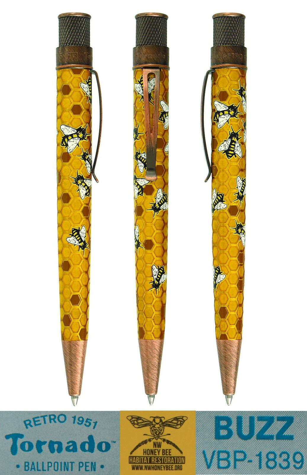 Retro 51 #VBP-1839 / «BUZZ» Acid Etched Honey Bees Tornado Ballpoint Pen