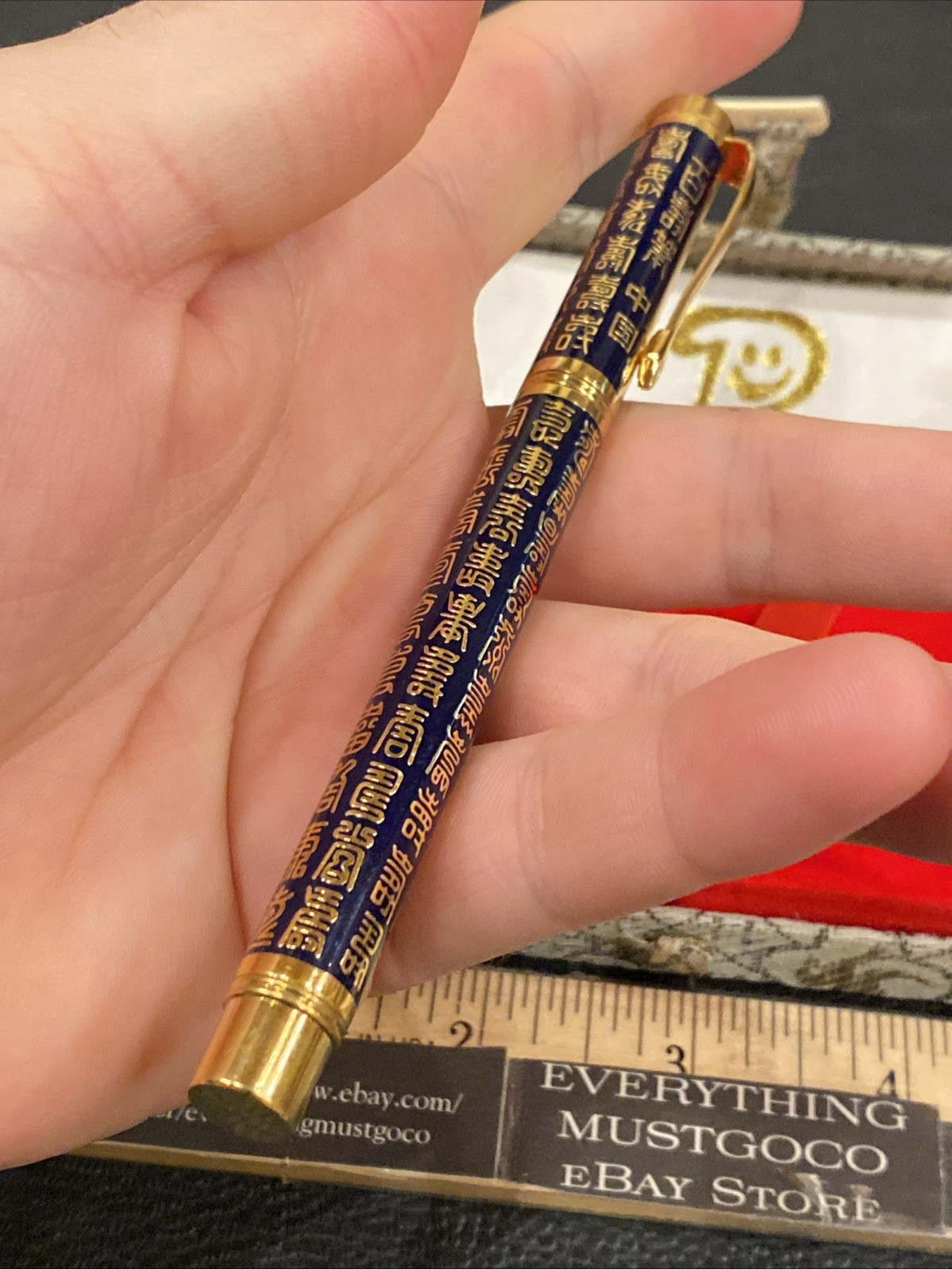 Vtg Chinese China Taraku Ballpoint Chinese Poem Lettering Gold Tone Pocket Clip