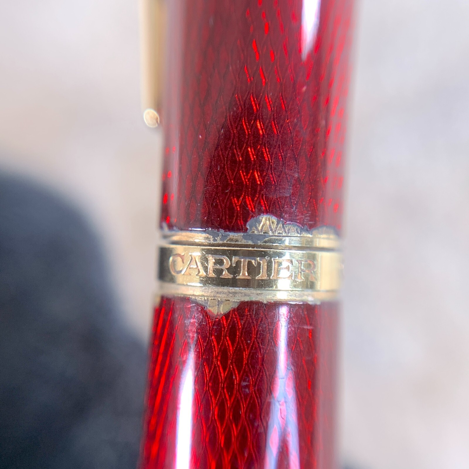 Cartier Ballpoint Pen Rare Trinity Bordeaux Enamel Engraved Pattern with Case